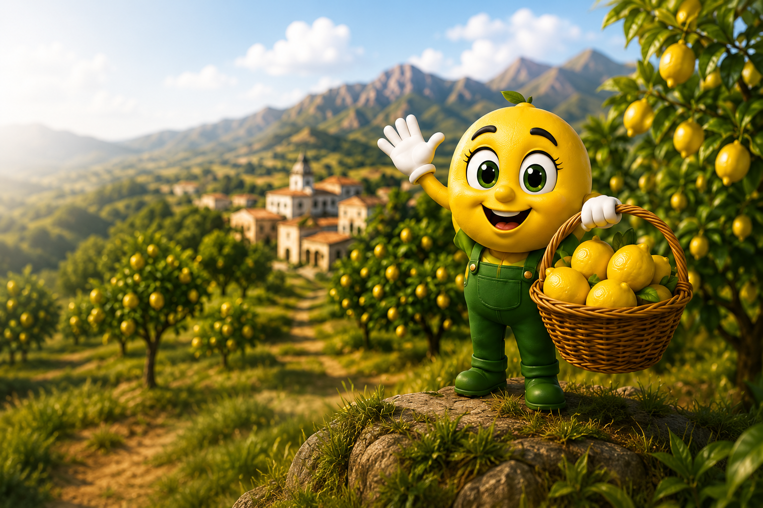 Limo, la mascota de SanLimón, con una cesta de limones frente a un paisaje de limoneros en Santomera